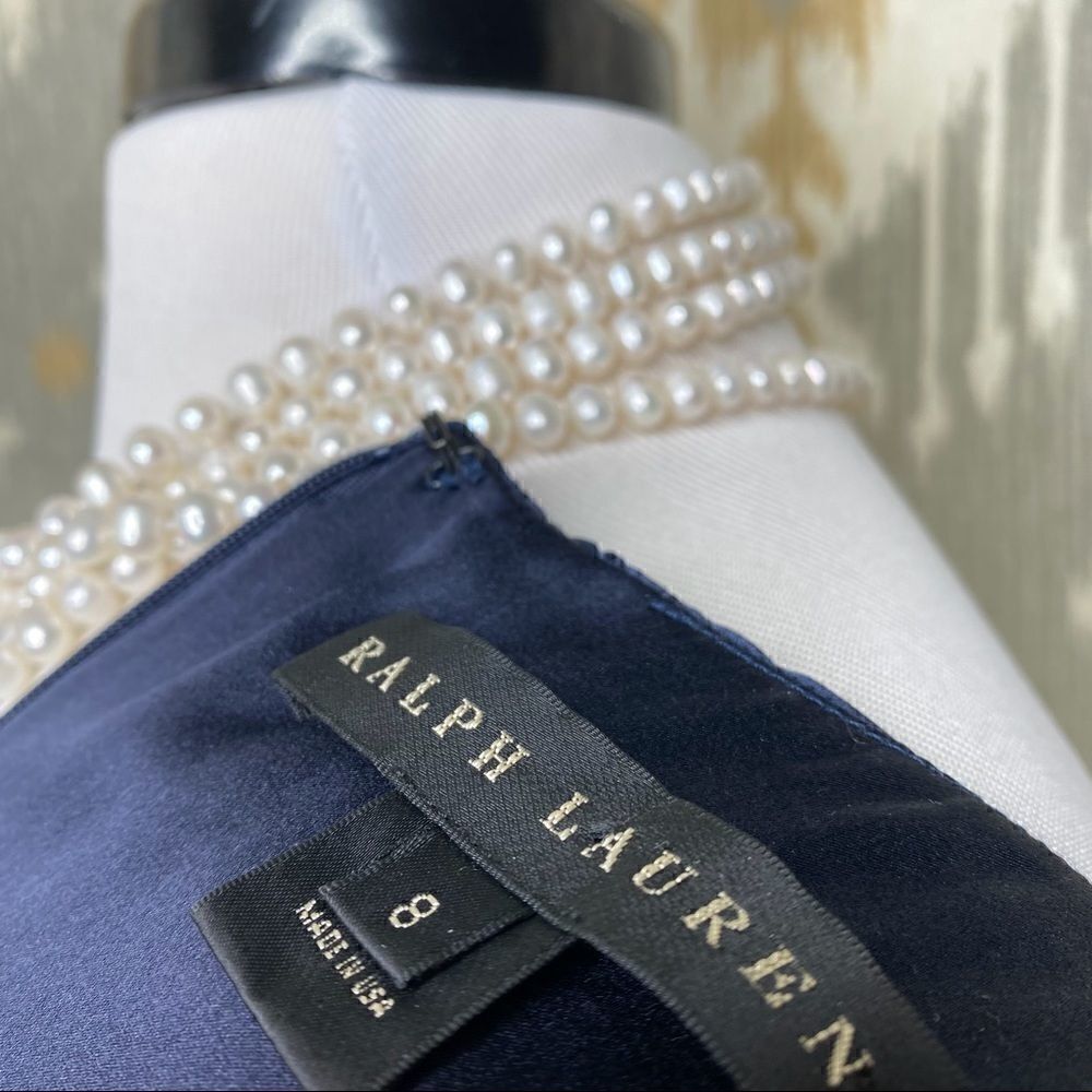 Ralph Lauren Silver Foil Botanical Print Navy Silk Fit & Flare Dress - Picture 6 of 16